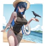  1girl arm_at_side bangle bare_arms bare_shoulders beach bird bird_on_hand black_hair black_one-piece_swimsuit blue_eyes blue_hair blue_sky blunt_bangs blush border bracelet breasts casual_one-piece_swimsuit closed_mouth cloud colored_inner_hair commentary covered_navel cowboy_shot crow day dutch_angle english_commentary hair_intakes halterneck hand_up hat highleg highleg_swimsuit highres hololive hololive_english horizon innertube jewelry large_breasts long_hair looking_at_animal mountain multicolored_hair ocean one-piece_swimsuit ouro_kronii outdoors outside_border sarong see-through_sarong seventeencrows shore sideboob sky smile solo standing straw_hat swim_ring swimsuit taut_clothes taut_swimsuit thigh_gap twitter_username two-tone_hair very_long_hair virtual_youtuber water white_border 
