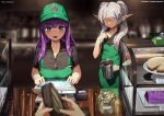  2girls apron artist_logo black_shirt blurry blurry_background blurry_foreground brand_name_imitation breasts cake collarbone collared_shirt fern_(sousou_no_frieren) food frieren green_apron grey_hair highres knightfang long_hair money multiple_girls no_eyes open_mouth patreon_username pointy_ears purple_eyes purple_hair shirt sousou_no_frieren tablet_pc tip_jar twintails twitter_username wallet 