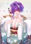  1girl blush breasts choker cleavage floral_print_kimono flower hair_flower hair_ornament highres huge_breasts japanese_clothes kimono looking_at_viewer obi obiage obijime obiwan open_mouth original purple_hair red_eyes sash short_hair solo 
