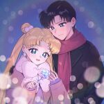  1boy 1girl arm_around_shoulder bishoujo_senshi_sailor_moon black_coat black_gloves black_hair blonde_hair blue_background blue_eyes blurry blurry_foreground bow brown_coat chiba_mamoru closed_mouth coat couple double_bun earrings flower gloves hair_bobbles hair_bun hair_ornament hetero highres holding holding_flower jewelry light_blush long_hair long_sleeves open_mouth parted_bangs pink_bow purple_sweater red_scarf scarf short_hair smile sweater tsukino_usagi twintails upper_body winter_clothes winter_coat yyemoyy 