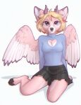2024 anthro black_nose blonde_hair bottomwear clothed clothing deer digital_media_(artwork) feathered_wings feathers female fully_clothed hair hi_res horn looking_at_viewer mammal pink_body pink_feathers simple_background skirt smile solo white_background wings yshanii