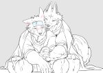  2boys =_= absurdres bara cold_pack couple cuddling ear_down feet_out_of_frame forearms furry furry_male furry_with_furry greyscale heads_together highres holding_hands hot licking licking_another&#039;s_cheek licking_another&#039;s_face male_focus monochrome multiple_boys muscular muscular_male original shirt shishiko_(dlion0000) short_hair sick sitting t-shirt thermometer yaoi 