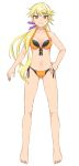  1girl alternate_costume alternate_hairstyle bangs barefoot bikini blonde_hair breasts c_i_an hair_ornament hairclip hand_on_hip highres long_hair looking_at_viewer matara_okina navel orange_eyes ponytail simple_background small_breasts smile solo star_(symbol) swimsuit thighs touhou white_background 