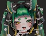 1girl :3 animal_ears black_bow black_ribbon blunt_bangs bow cat_ears cat_girl ear_piercing earrings frilled_bow frilled_ribbon frills green_eyes green_hair hair_bow hair_ribbon hand_on_own_chin heterochromia highres jewelry long_hair looking_at_viewer open_mouth original piercing portrait ribbon shiona_(siona0625) short_eyebrows simple_background slit_pupils solo straight-on twintails yellow_eyes 