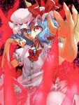  1girl amayadori-tei bangs blue_hair bow bowtie collared_shirt commentary_request cowboy_shot fingernails frilled_sleeves frills grin hair_between_eyes hat hat_ribbon looking_at_viewer mob_cap red_bow red_bowtie red_eyes red_ribbon remilia_scarlet ribbon sharp_fingernails sharp_teeth shirt short_hair skirt skirt_set smile solo teeth touhou white_headwear white_shirt white_skirt 