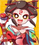  1girl bare_shoulders black_hair blush_stickers colored_sclera egasumi highres japanese_clothes kimono looking_at_viewer nihongami off_shoulder oiran_(youkai_watch) open_mouth pipiko. pointy_ears red_nails solo yellow_sclera youkai_(youkai_watch) youkai_watch 