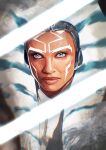  1girl ahsoka_tano alien artist_name blue_eyes colored_skin dated energy_sword facial_mark highres lightsaber looking_at_viewer orange_skin portrait solo star_wars star_wars:_ahsoka sword togruta uzuri_art weapon white_lightsaber 