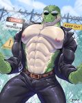 2024 abs anjing_kampuss anthro belt big_muscles bottomwear claws clothed clothing crocodile crocodilian crocodylid day english_text eyewear fence hi_res jacket male muscular muscular_anthro muscular_male navel nipples non-mammal_nipples open_clothing open_jacket open_topwear outside pants pecs reptile scales scalie sign smile solo standing sunglasses teeth text topwear watermark