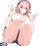  1girl bare_shoulders bikini bikini_top_only blush breasts cleavage front-tie_top headphones large_breasts long_hair looking_at_viewer meola navel nitroplus no_shirt pink_hair red_eyes short_shorts shorts simple_background smile solo super_sonico swimsuit white_bikini 