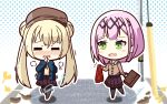  2girls =_= alternate_costume bag black_hairband blonde_hair blush blush_stickers brown_skirt chibi chibi_only cold commentary_request double_bun facing_viewer fang green_eyes hair_between_eyes hair_bun hairband holding holding_bag holding_clothes holding_scarf long_hair looking_at_another medium_hair multiple_girls nose_blush notice_lines open_mouth outdoors own_hands_together pink_hair pleated_skirt polka_dot polka_dot_background red_scarf scarf school_bag school_uniform shirayuki_noa simple_background skin_fang skirt smile standing tamayuki7519 tanikaze_amane tenshi_souzou_re-boot! trembling twintails white_background wind winter 