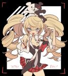  1girl :d bear_hair_ornament black_shirt blonde_hair blue_eyes bow breasts cleavage collared_shirt commentary_request cowboy_shot danganronpa:_trigger_happy_havoc danganronpa_(series) drill_hair enoshima_junko hair_ornament hand_up long_hair looking_at_viewer meremero monokuma nail_polish narrow_waist on_head open_mouth pleated_skirt pointing pointing_at_viewer red_bow red_nails red_skirt school_uniform shirt skirt smile solo twin_drills twintails very_long_hair 