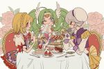  3girls blonde_hair braid cake cake_slice chair closed_eyes closed_mouth crown_braid cupcake drill_hair falulu floral_background flower food forehead_jewel fork fruit green_hair grey_eyes grey_hair hair_between_eyes hand_on_own_chin headphones holding_handkerchief idol_clothes knife long_hair long_sleeves looking_at_another looking_at_viewer macaron meremero midorikaze_fuwari multiple_girls one_eye_closed open_mouth parted_bangs pink_flower pink_rose plate pretty_series pripara profile rose shikyoin_hibiki short_hair sitting smile strawberry table teapot tiered_tray twin_drills twintails very_long_hair wing_hair_ornament wiping_mouth 