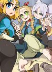  3girls absurdres alternate_eye_color ass barefoot blonde_hair bongfill braid crossover dungeon_meshi elf frieren green_eyes highres holding_hands long_hair long_sleeves looking_back marcille_donato multiple_girls naughty_face open_mouth pointy_ears princess_zelda short_hair smile sousou_no_frieren the_legend_of_zelda the_legend_of_zelda:_tears_of_the_kingdom thick_eyebrows 