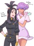  2girls asymmetrical_hair black_hair black_jacket black_track_suit dark-skinned_female dark_skin dendra_(pokemon) dress earrings eyeshadow fingerless_gloves gloves headpat high_ponytail highres hoyon jacket jewelry lipstick long_hair makeup multiple_girls orange_eyes pokemon pokemon_sv purple_dress purple_eyeshadow purple_hair scar scar_on_face scar_on_forehead sidelocks smile thick_eyelashes track_jacket translation_request tulip_(pokemon) turtleneck turtleneck_jacket yellow_gloves 