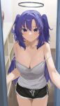  1girl absurdres bare_shoulders black_shorts blue_archive blush breasts camisole cleavage collarbone dolphin_shorts grey_camisole halo highres looking_at_viewer medium_breasts mm_(mhm2592) pov_doorway purple_eyes purple_hair short_shorts shorts smile solo strap_slip two_side_up yuuka_(blue_archive) 