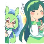  2girls :3 aura ayakashi_(monkeypanch) blurry blurry_foreground blush_stickers brooch closed_eyes commentary_request cropped_legs dango dark_aura eating empty_eyes food full_mouth green_hair green_hairband green_sailor_collar green_skirt hairband hand_on_own_cheek hand_on_own_face happy highres holding holding_food jealous jewelry long_hair long_sleeves looking_at_another low_ponytail mitarashi_dango multiple_girls neck_ribbon peeking_out pink_ribbon puffy_short_sleeves puffy_sleeves raised_eyebrows ribbon sailor_collar school_uniform serafuku shirt short_sleeves skirt smile staring suspenders touhoku_zunko translation_request voiceroid voicevox wagashi white_shirt wide-eyed zundamon 