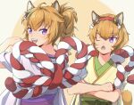  2girls :&lt; :3 ahoge animal_ears bangs bow braid braided_ponytail cat_ears cat_girl cat_tail commentary_request crossed_arms crossed_bangs facial_mark fangs fire_emblem fire_emblem_heroes from_behind green_bow green_kimono green_sash hair_between_eyes hair_ornament hairband hand_up japanese_clothes kimono layered_clothes layered_kimono lethe_(fire_emblem) looking_at_another looking_at_viewer looking_to_the_side lyre_(fire_emblem) medium_hair multiple_girls obi official_alternate_costume one_eye_closed open_mouth orange_hair orange_tail outline partial_commentary purple_eyes purple_kimono red_hairband rope rowan rowan_hair_ornament sash short_hair siblings sideways_glance simple_background single_braid sisters smile tail tail_raised teeth tekology two-tone_background upper_body upper_teeth whisker_markings white_background white_outline yellow_background 