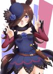  1girl :d animal_ears belt black_collar blue_dress blue_flower blue_headwear blue_rose brown_belt brown_hair collar commentary cowboy_shot dagger double_v dress flower fur_collar hair_over_one_eye hat hat_flower horse_ears horse_girl horse_tail kimukimu knife long_hair long_sleeves looking_at_viewer open_mouth pleated_dress purple_dress purple_eyes rice_shower_(umamusume) rose sheath sheathed short_dress smile solo standing tail tilted_headwear two-tone_dress umamusume v weapon 