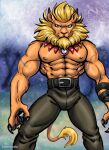  abs anthro bandai_namco blonde_hair digimon digimon_(species) felid hair leomon lion looking_at_viewer male mammal mane muscular muscular_anthro muscular_male nipples pantherine pecs salmonsnake shirtless solo 