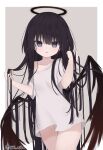  1girl bare_shoulders black_hair black_wings collarbone commentary_request grey_background hair_between_eyes halo hands_in_own_hair hands_up long_hair looking_at_viewer off_shoulder original parted_lips purple_eyes shirt short_sleeves solo two-tone_background usagimiko very_long_hair white_background white_shirt wings 