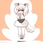  1girl animal_ears arms_up bow bowtie coroha extra_ears full_body jumping kemono_friends looking_at_viewer pantyhose pink_background shoes short_hair simple_background skirt solo southern_tamandua_(kemono_friends) sweater tail tamandua_ears tamandua_tail white_hair 