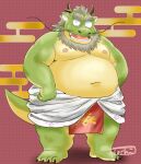 2024 anthro asian_clothing beard belly big_belly clothing dragon east_asian_clothing eyes_closed facial_hair fundoshi green_body japanese_clothing kemono male mature_male moobs navel nipples overweight overweight_male red_clothing red_fundoshi red_underwear simple_background solo toshi_(artist) underwear