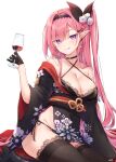  1girl :q absurdres alcohol bare_shoulders black_choker black_gloves black_kimono black_panties black_ribbon black_thighhighs blush breasts choker cleavage closed_mouth collarbone commentary_request criss-cross_halter cup drinking_glass elf flower gloves groin hair_flower hair_ornament hair_ribbon half_gloves halterneck highres holding holding_cup japanese_clothes kimono kiri_celea lace-trimmed_legwear lace_trim long_hair long_sleeves looking_at_viewer medium_breasts obi off_shoulder one_side_up original panties pink_hair pointy_ears purple_eyes ribbon sash side-tie_panties simple_background smile solo thighhighs tongue tongue_out underwear very_long_hair white_background white_flower wide_sleeves wine wine_glass 