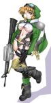  1girl ammunition ammunition_belt ammunition_pouch assault_rifle blonde_hair boots breasts combat_knife explosive glasses green_eyes grenade gun holding holding_weapon holster hououji_fuu knife magazine_(weapon) magic_knight_rayearth navel pouch rifle round_eyewear sakura_ryuuken shrug_(clothing) solo weapon 