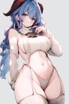  absurdres ai-generated black_horns ganyu_(genshin_impact) genshin_impact highres horns meme_attire stomach thighhighs thighs virgin_killer_sweater white_thighhighs 