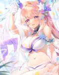  1girl apple_caramel arm_garter arm_up bare_shoulders bikini breasts brooch cleavage detached_collar flower genshin_impact gloves hair_flower hair_ornament head_fins highres jewelry large_breasts long_hair looking_at_viewer navel open_mouth pink_hair purple_eyes sangonomiya_kokomi sash sitting smile solo stomach swimsuit thick_eyebrows thighs water white_bikini white_gloves 