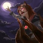  1girl amayadori-tei animal_ears brooch brown_hair cloud commentary_request dress full_moon glowing glowing_eyes imaizumi_kagerou jewelry long_hair long_sleeves looking_at_viewer moon night open_mouth purple_sky red_eyes sharp_teeth solo teeth touhou upper_body werewolf white_dress wolf_ears 