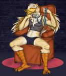 absurd_res anthro avian bedroom_eyes bird black_clothing black_underwear chair clothing collar collar_tag complex_body_markings complex_markings feet furniture girly hand_on_head hi_res holding_leash holding_object leash looking_at_viewer male narrowed_eyes on_chair owl pistacho rye_owl(character) seductive sitting sitting_on_chair smile smiling_at_viewer smirk smirking_at_viewer solo spread_legs spreading talons toes translucent translucent_clothing underwear winged_arms wings