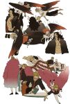  4boys aged_down asymmetrical_hair bed black_hair black_wings blonde_hair book chizuko_(chiduk0) coat curled_horns dark-skinned_male dark_skin donquixote_doflamingo facial_hair facial_tattoo feather_coat fire flying fur_coat fur_hat hair_slicked_back hat headpat highres holding holding_hands horns jaguar_print kaidou_(one_piece) king_(one_piece) long_hair male_focus multiple_boys muscular mustache one_piece open_clothes open_mouth panther_print pants pink_coat shirt short_hair smile sunglasses tattoo teeth trafalgar_law white_hair white_shirt wings 