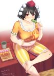  1girl absurdres barefoot black_hair blush breasts brown_eyes cleavage commentary_request commission cosplay cup dango food food_in_mouth foot_out_of_frame frilled_shirt frills green_tea hat highres holding holding_food large_breasts looking_at_viewer medium_bangs midriff navel orange_shirt plump pom_pom_(clothes) red_headwear ringo_(touhou) ringo_(touhou)_(cosplay) shameimaru_aya shirt short_hair short_sleeves shorts sitting skeb_commission solo striped striped_shorts tarmo tea toes tokin_hat touhou translation_request vertical-striped_shorts vertical_stripes wagashi yellow_shorts yunomi 