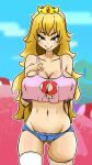  1girl absurdres blonde_hair blue_eyes breasts cameltoe cleavage hand_on_own_chest highres large_breasts lipstick long_hair makeup mario_(series) oni-dessin princess princess_peach smile socks solo 