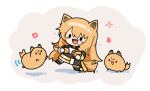  1girl :d animal_ears arknights blush_stickers brown_hair brown_jacket brown_thighhighs ceobe_(arknights) chibi cookie dog dog_ears dog_girl dog_tail drooling fangs food holding holding_cookie holding_food jacket long_hair open_mouth simple_background smile solid_oval_eyes solo tail thighhighs yosua_0669 