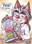  anthro appliance blender_(machine) blood bodily_fluids canid canine canis cerberus_(artist) cerberus_(character) clothing coat dismemberment eurasian_red_squirrel female fur generator gore guts humor inside kitchen_appliance male mammal not_big_and_not_clever organs red_body red_fur rodent safety_glasses sciurid shirt speech_bubble tetchie tirrel topwear tree_squirrel white_clothing white_coat white_topwear wolf 