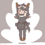  1girl animal_ears apron arms_up australian_devil_(kemono_friends) black_hair bow bowtie coroha elbow_gloves extra_ears eyepatch full_body gloves grey_background jumping kemono_friends long_hair looking_at_viewer shirt shoes simple_background skirt sleeveless sleeveless_shirt solo tail thighhighs 