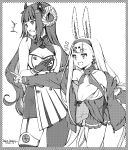  2girls absurdres animal_ears azur_lane breasts cleavage commentary_request dress greyscale highres horns large_breasts monochrome multiple_girls open_mouth pointing rabbit_ears rabbit_girl shimakaze_(azur_lane) short_dress small_breasts suruga_(azur_lane) umyonge_(lkakeu) 