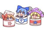  3girls blonde_hair blue_bow blue_eyes blue_hair blush_stickers bow can chibi circled_9 cirno clownpiece commentary_request hair_bow hat highres jester_cap lily_white multiple_girls open_mouth orange_hair outstretched_arms polka_dot_headwear red_eyes shitacemayo smile star_(symbol) touhou 