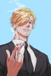  1boy blonde_hair blue_background cigarette curly_eyebrows facial_hair hair_over_one_eye highres holding holding_cigarette looking_at_viewer male_focus one_piece sanji_(one_piece) sate_meng smile smoking suit teeth 