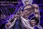  1boy abs arm_tattoo bare_pectorals closed_eyes cuffs dark-skinned_male dark_skin english_text enkidu_(under_night_in-birth) highres male_focus mixed-language_text muscular muscular_male pectorals shackles short_hair tattoo tazixing under_night_in-birth under_night_in-birth_exe:late[st] white_hair 