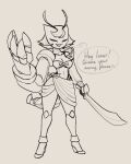 &lt;3 antennae_(anatomy) anthro arthropod arthropod_abdomen breasts cleavage clothed clothing dialogue earwig english_text female hair hi_res holding_object holding_sword holding_weapon insect mechanical_arm melee_weapon monochrome mugging navel non-mammal_breasts non-mammal_navel proxicute sabre_(weapon) sarong short_hair shoulder_guards slim_female smile solo speech_bubble sword talking_to_viewer text thick_thighs topwear tube_top under_boob weapon