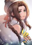  1girl aerith_gainsborough aerith_gainsborough_(fairy_of_snowfall) aqua_nails bare_shoulders box braid braided_ponytail breasts brown_hair closed_mouth coat coat_partially_removed dress earrings final_fantasy final_fantasy_vii final_fantasy_vii_ever_crisis final_fantasy_vii_remake fingerless_gloves fur-trimmed_coat fur_trim gift gift_box gloves green_eyes hair_ribbon halter_dress halterneck hat highres holding holding_box holding_gift jewelry leaning_forward light_blush long_hair lukrevadraws medium_breasts nail_polish official_alternate_costume parted_bangs pink_lips red_ribbon ribbon ring sidelocks single_braid smile snowflake_earrings solo upper_body wavy_hair white_background white_coat white_dress white_fur white_gloves white_headwear winter_clothes winter_coat 