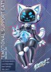 absurd_res anthro blasticussaturn embedded_penetrable_sex_toy felid feline female gesture glowing hi_res machine mammal robot screen screen_face signature smug solo text v_sign