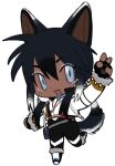  1girl :3 animal_ears animal_hands black_gloves black_hair black_pants blue_eyes boots chest_harness chibi colored_tips cropped_jacket dark-skinned_female dark_skin dog_ears dog_girl dog_tail fingerless_gloves full_body fur-trimmed_footwear fur-trimmed_jacket fur-trimmed_sleeves fur_trim gloves hair_between_eyes hand_up harness husky jacket lapithai long_sleeves looking_at_viewer lowres multicolored_hair no_sclera open_mouth original pants paw_gloves sidelocks simple_background solo standing standing_on_one_leg tail transparent_background v white_footwear white_hair white_jacket 