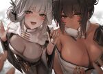  2girls bare_shoulders black_kimono blanc_(nikke) blanc_(white_rabbit)_(nikke) blush bodystocking breasts brown_eyes brown_hair cleavage dark-skinned_female dark_skin detached_collar fur_collar goddess_of_victory:_nikke highres huge_breasts japanese_clothes kimono liaowen long_hair long_sleeves looking_at_viewer multiple_girls noir_(black_rabbit)_(nikke) noir_(nikke) off_shoulder open_mouth see-through see-through_cleavage smile white_hair white_kimono wide_sleeves yellow_eyes 