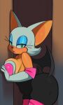 anthro bare_shoulders bat big_breasts big_ears black_bodysuit black_nose black_skinsuit blue_eyes bodily_fluids bodysuit breast_squish breasts clothing eyelashes female fiinel fur glistening glistening_body hair looking_at_viewer mammal rouge_the_bat sega short_tail skinsuit solo sonic_the_hedgehog_(series) squish sweat tail tan_body tan_fur thick_thighs tight_clothing white_hair wide_hips wings