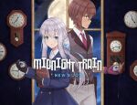  1boy 1girl blue_eyes blue_jacket brown_hair dark-skinned_male dark_skin holding_clock jacket long_hair low_ponytail luna_wyndell lydia_(thesoundoffreedom) midnight_train necktie neil_lawton official_art short_hair vest yellow_eyes 