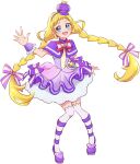  1girl :d blonde_hair blue_eyes blush braid commentary_request cure_friendy dress eyelashes fpminnie1 hair_ornament hairband happy highres inukai_iroha long_hair low_twin_braids low_twintails magical_girl open_mouth precure purple_dress purple_wrist_cuffs simple_background sketch smile solo standing thighhighs thighs twin_braids twintails white_background wonderful_precure! wrist_cuffs 